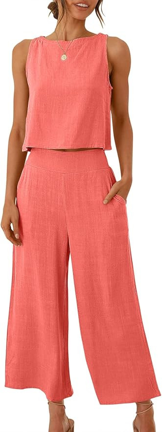 ANRABESS Women's Summer 2 Piece Outfits Sleeveless Tank Crop Button Back Top Cropped Wide Leg Pan... | Amazon (US)