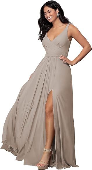 BOLENSEY V-Neck Ruched Chiffon Bridesmaid Dress with Slit Prom Dress Long Formal Dress Evening Go... | Amazon (CA)