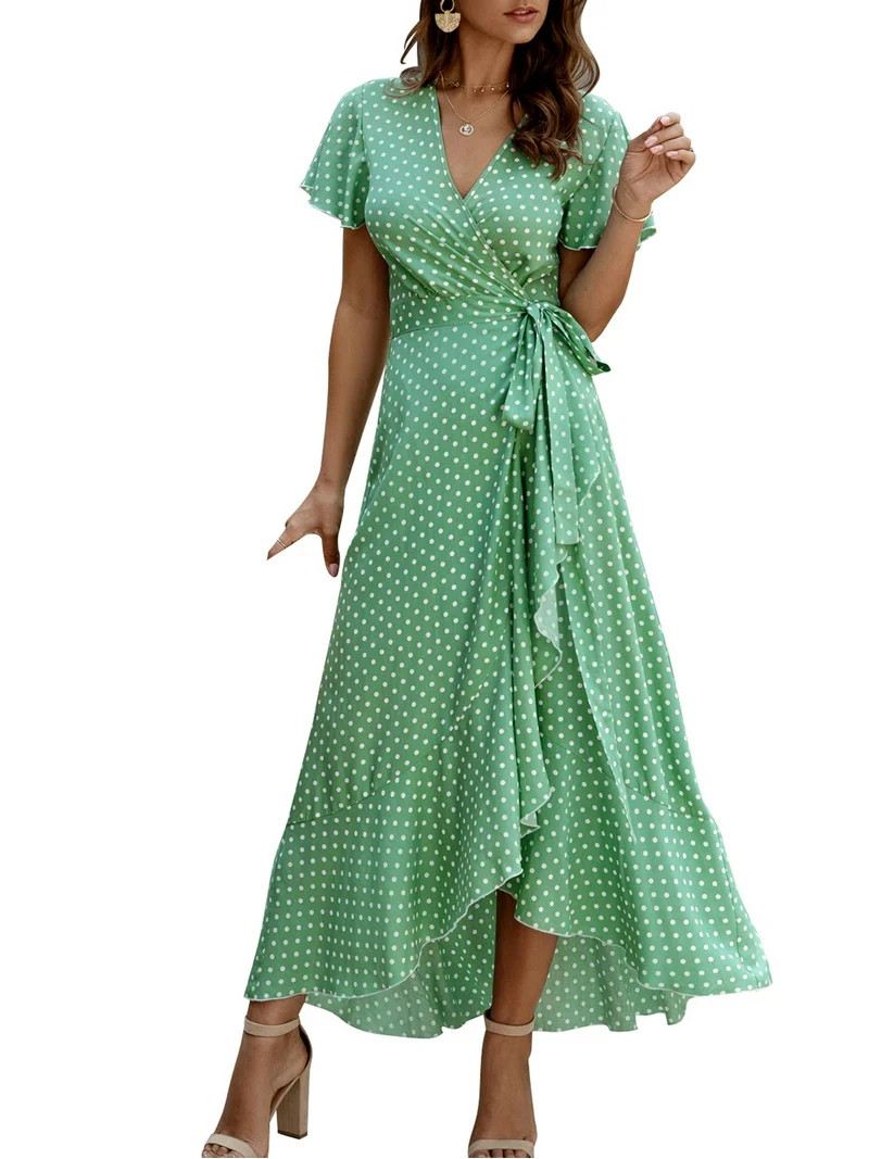 Aunavey Women's Polka Dot Summer Dress Wrap V Neck Short Sleeve Ruffle Hem A-Line Bohemian Maxi D... | Walmart (US)