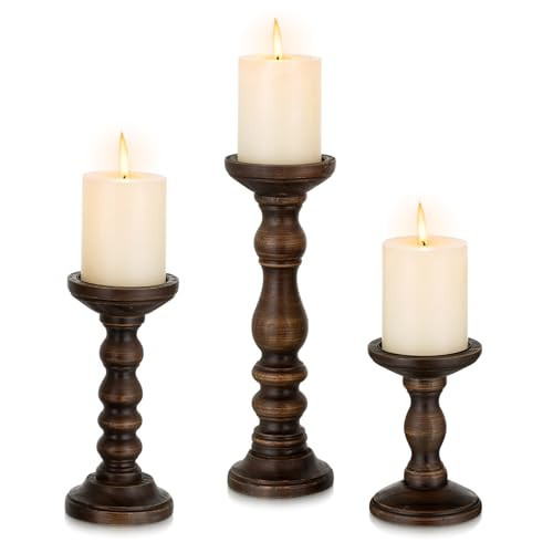 Romadedi Wood Candle Holders for Pillar - Set of 3 Tall Rustic Vintage Wooden Candlestick Holder, Farmhouse Candle Stand for Fireplace Mantle Shelf Table Home Decor, Dark Brown, 6"/ 8.3"/11.8" | Amazon (US)