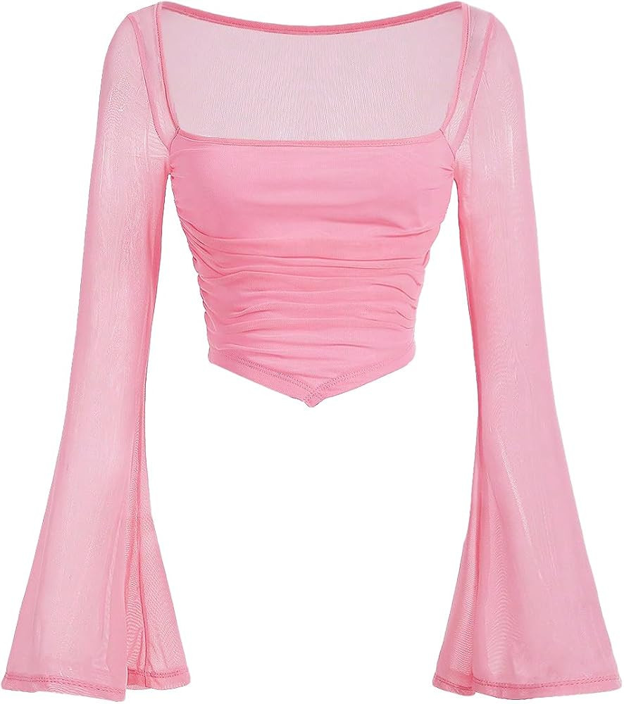 Verdusa Women's Contrast Mesh Ruched Square Neck Bell Sleeve Crop Tee Top T Shirt | Amazon (CA)