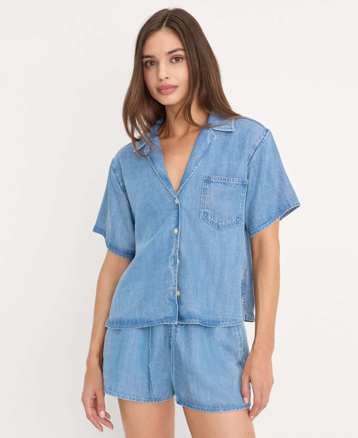 Good American Women's Collared Neck Denim Camp Shirt - Indigo | Macy's