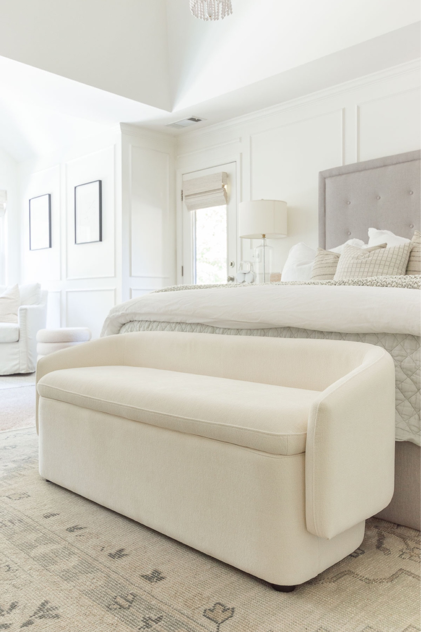 The upholstered storage bench at the foot of our bed holds a ton, so I keep extra blankets, throws and sheets there for easy access. It also provides extra seating and an additional surface for folding laundry and packing for a trip. home decor bedroom decor neutral bedroom home storage bedding storage linen quiltt#LTKStyleTip

#LTKHome