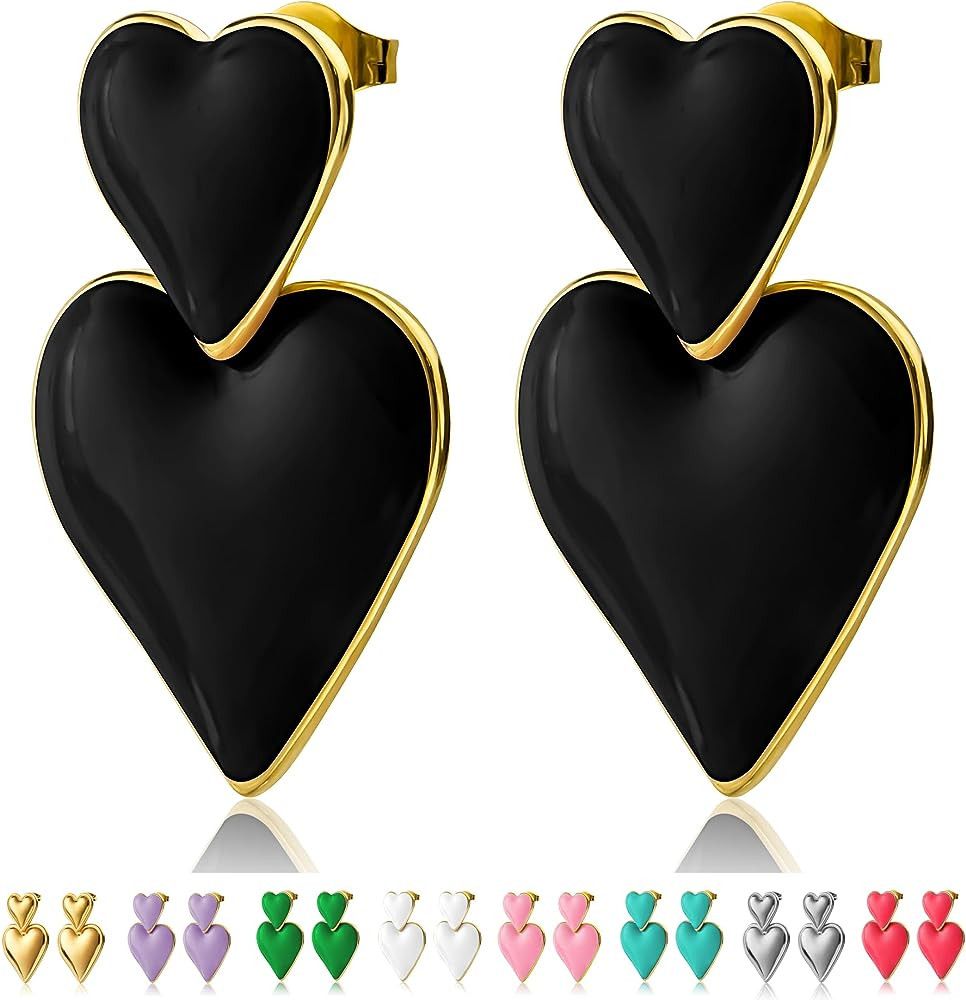 Kenivira Gold Heart Drop Earrings, Double Heart Statement Dangle Earrings for Women Girls | Amazon (US)