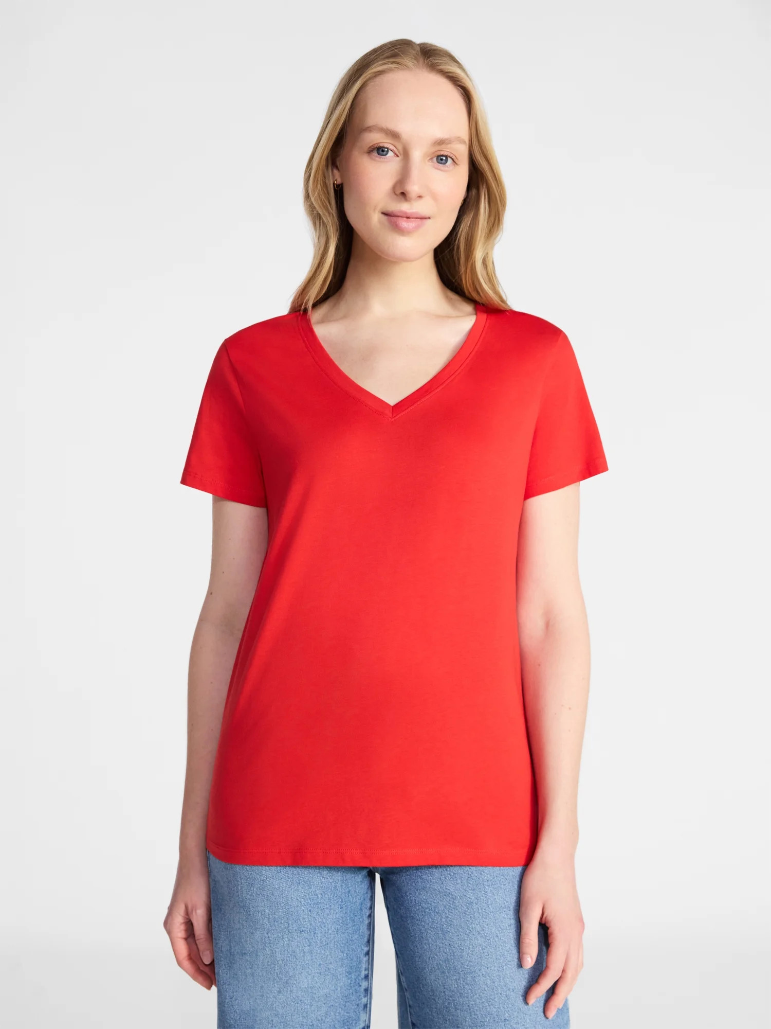 Time and Tru Women's Cotton V-Neck Tee with Short Sleeves, Sizes XS-XXXL | Walmart (US)