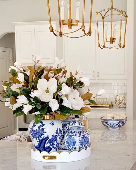 Blue and white fall decor, blue and white ginger jars, faux magnolia stems kitchen island styling 

#LTKhome #LTKstyletip #LTKsalealert