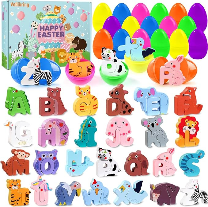 26 Pack Prefilled Easter Eggs with Animal Alphabet Wooden Puzzles, Plastic Easter Eggs with Anima... | Amazon (US)