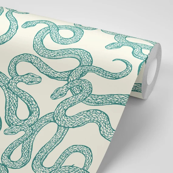 Wallpaper Green Snakes Illustration on Cream Retro Wallpaper | Etsy | Etsy (US)