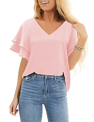 luvamia Women's Casual V Neck Tiered Ruffle Short Sleeve Loose Summer Tops Blouses Shirt Coral Pink Size S | Amazon (US)