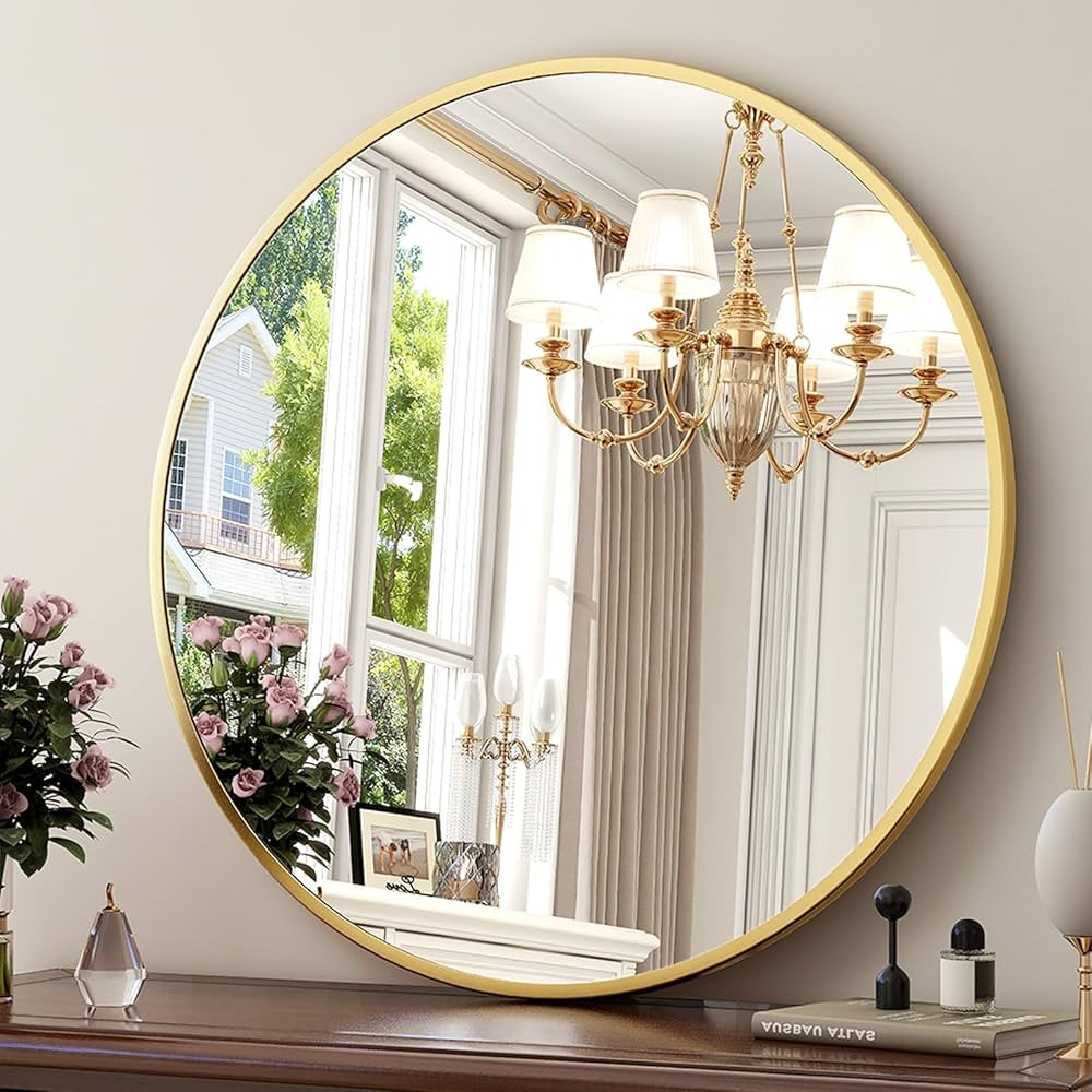 30-Inch Round Wall Mirror - Gold Bathroom Mirror with Metal Frame - Modern Hanging Mirror for Ent... | Amazon (US)