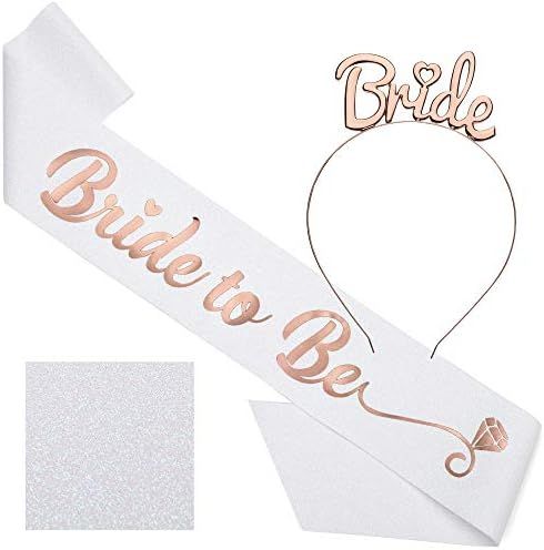 CORRURE 'Bride to Be' Sash and Tiara - Bridal Shower White Glitter Sash with Rose Gold Foil - Bac... | Amazon (US)
