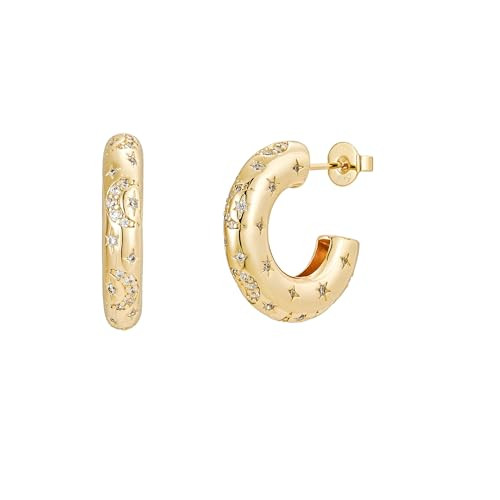 Chunky Hoops - Gold Chunky Hoop Earrings - 18K Gold Plated Chunky Gold Hoop Earrings with Celestial Moon and Star Details - Chunky Hoop Earrings by Malibu | Amazon (US)