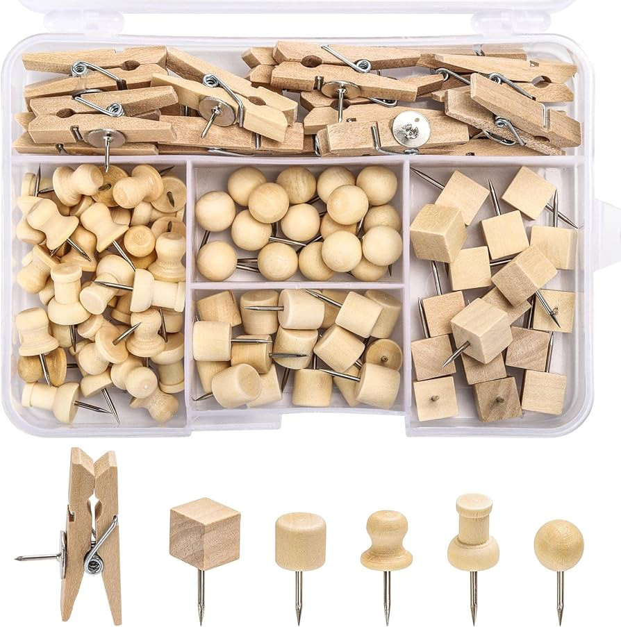102 Pcs Wood Push Pins 6 Sizes Thumb Tacks for Wall Hangings Corkboard Office or Home | Amazon (UK)