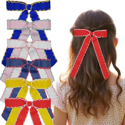 6PCS Hair Bows for Girls Grosgrain Ribbon Alligator Hair Clips Hair Barrettes Hair Accessories for Girl Teens Kids Toddler with Long Tail | Amazon (US)