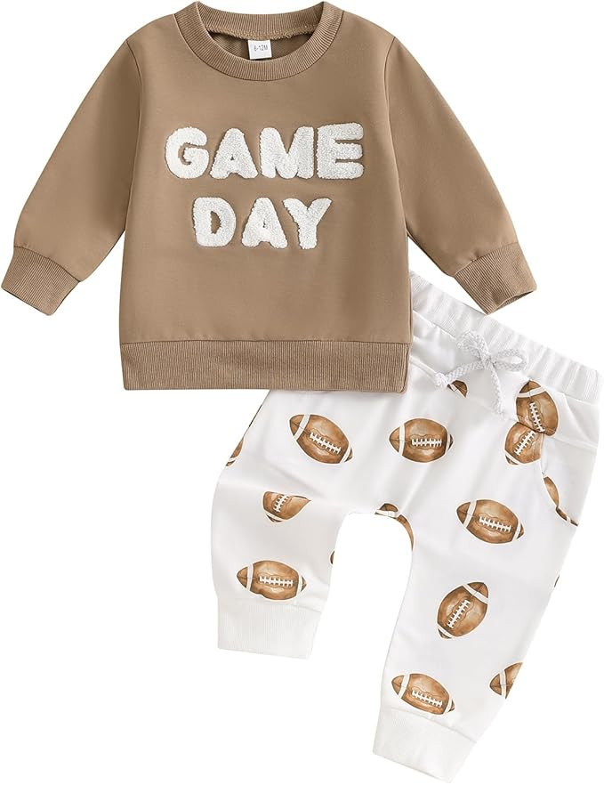 Toddler Boy Football Outfit Game Day Embroidery Long Sleeve Sweatshirt Jogger Pants Infant Footba... | Amazon (US)