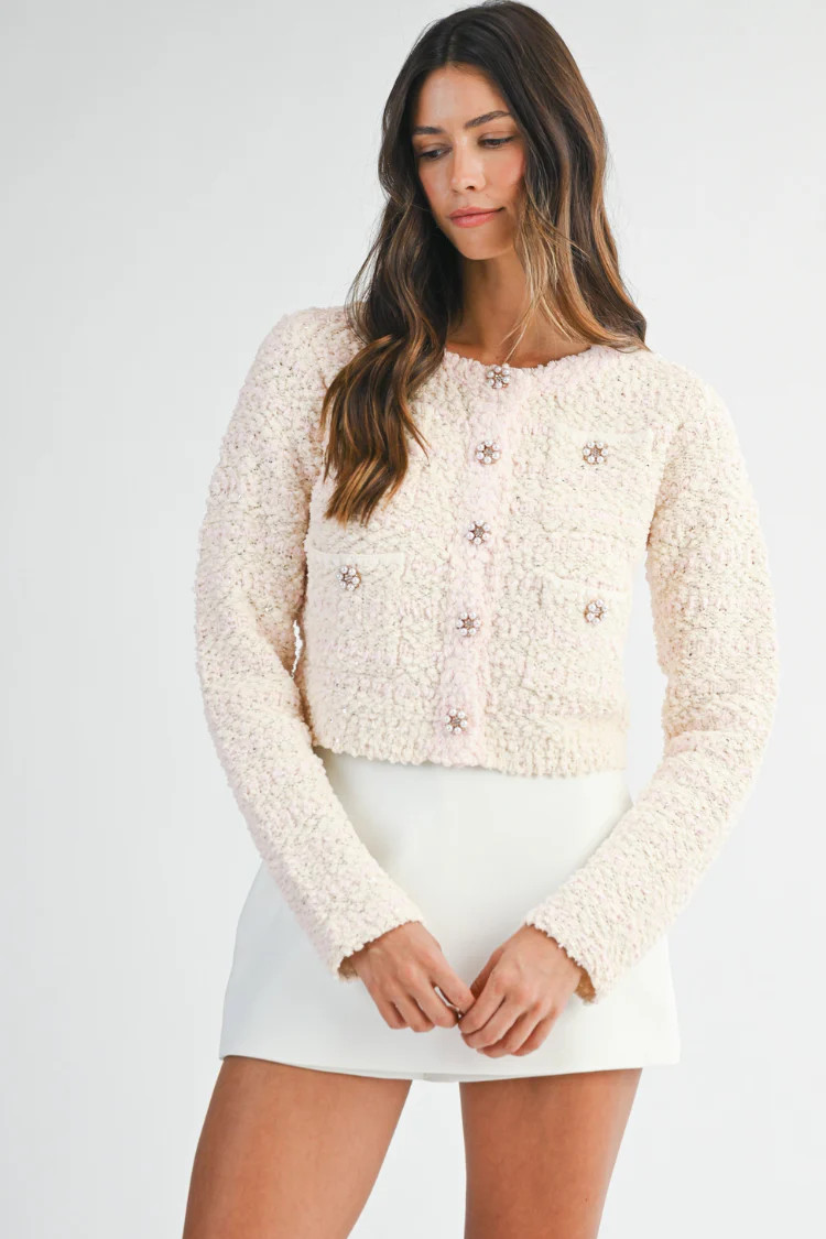 Blaire Bouclé Ivory and Pink Striped Cardigan Sweater | Confête