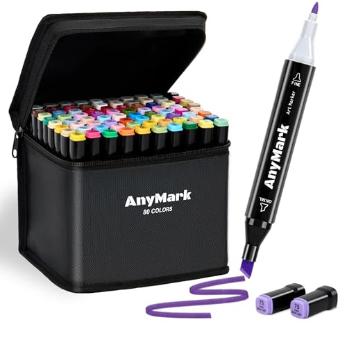 AnyMark Alcohol Markers, 80 Colors Dual Tip Art Coloring Markers Set for Adult Book Drawing Sketching Painting, Chisel & Fine, Black Penholder | Amazon (US)