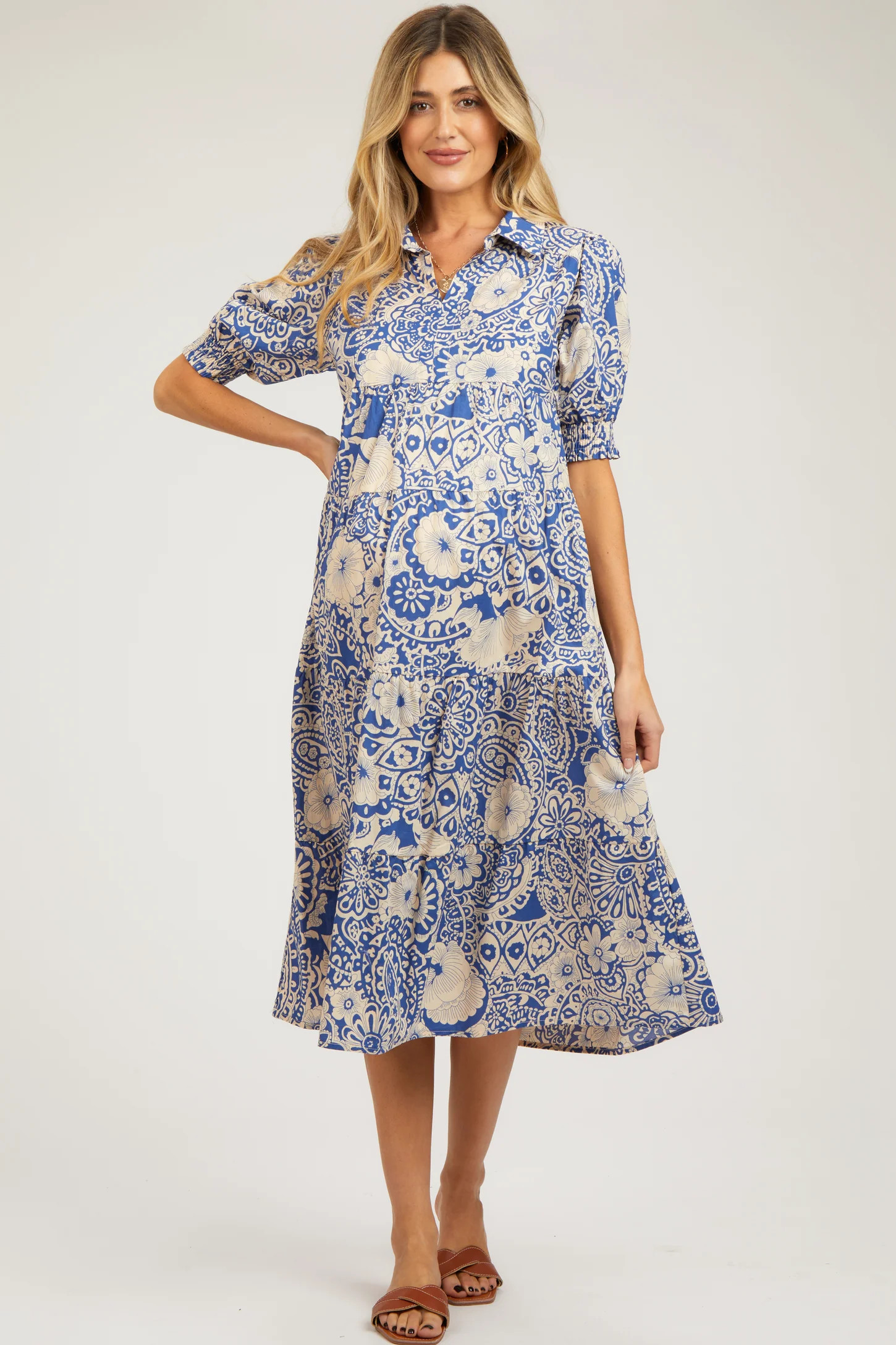 Blue Floral Collared Tiered Maternity Midi Dress | PinkBlush Maternity