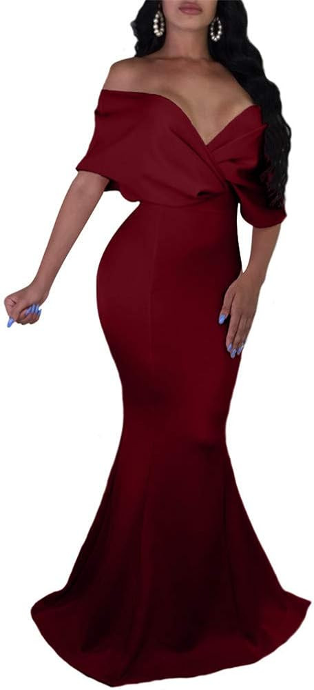 GOBLES Evening Gown Off The Shoulder Fishtail       
Material: Polyester | Amazon (US)
