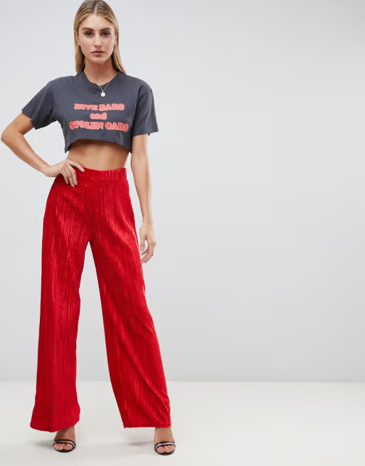 PrettyLittleThing pleated velvet wide leg pants in red | ASOS US