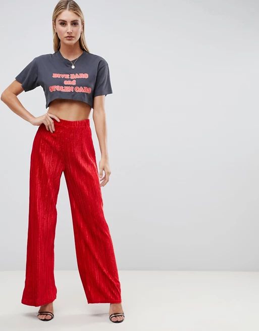 PrettyLittleThing pleated velvet wide leg pants in red | ASOS US