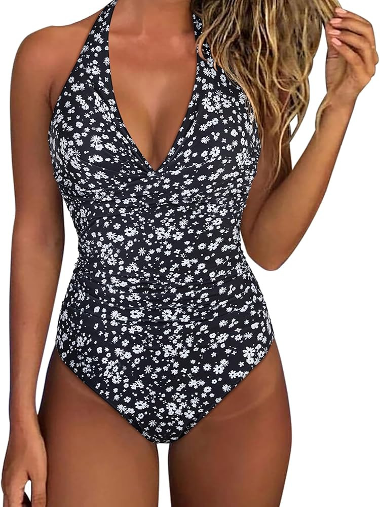 SUUKSESS Women Sexy Tummy Control One Piece Swimsuits Halter Push Up Bathing Suits | Amazon (US)