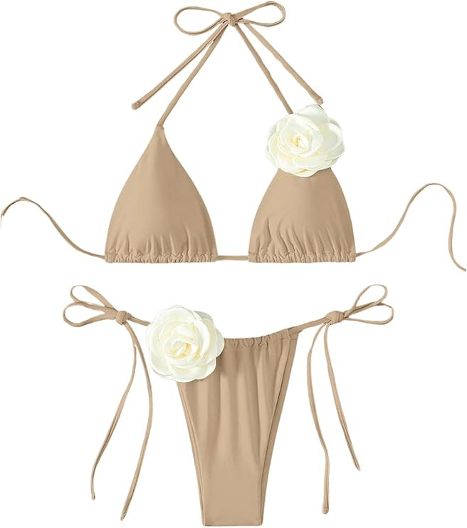 COZYEASE Women's 2 Piece Swimsuits 3D Floral Appliques Halter Tie Side Triangle Bikini Thong Bath... | Amazon (US)