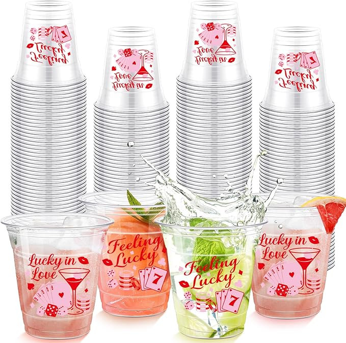 Dandat 100 Count Lucky in Love Plastic Cups Casino Theme 10 oz Disposable Clear Cold Beverage Dri... | Amazon (US)