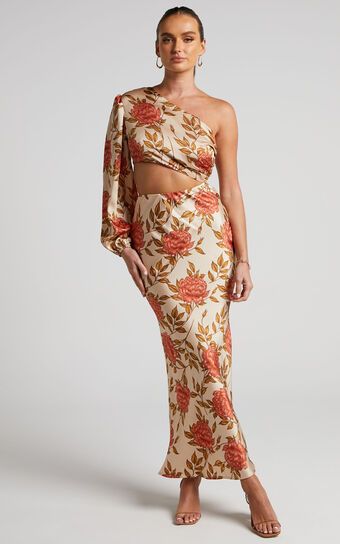Abagail Midi Dress - One Shoulder Cut Out Dress in Beige Floral | Showpo (US, UK & Europe)