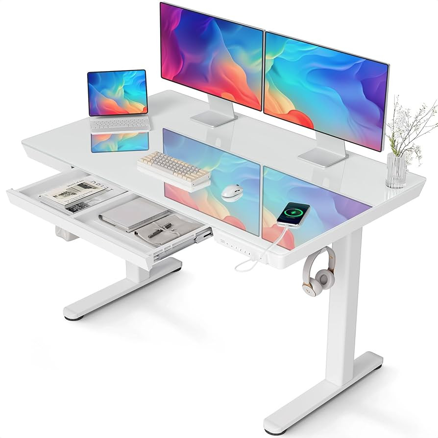 Claiks Glass Standing Desk with Drawers, 48×24 Inch Adjustable Stand Up Desk, Quick Install Home... | Amazon (US)