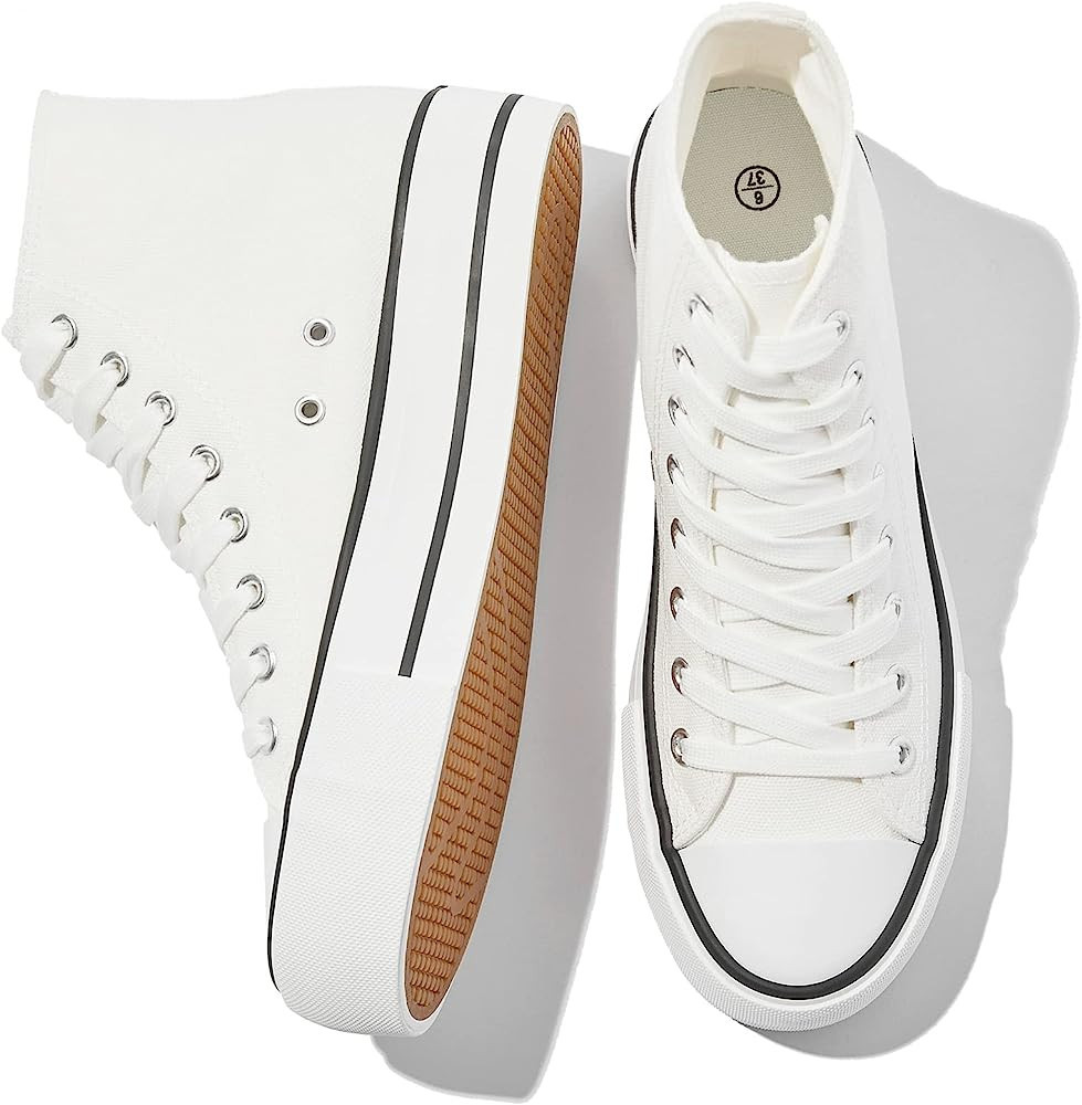 FRACORA Womens High Top Canvas Shoes White Black Platform Sneakers Lace Up Shoes for Women | Amazon (US)