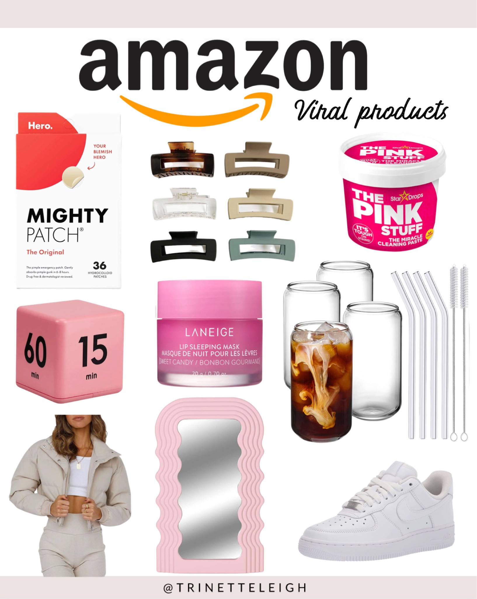 Amazon viral products. Acne patch. Mighty patch. Hair clips. Hair claw clips. The pink stuff. Home cleaner. Kitchen timer. Lip mask. Drinking glasses with straw. Wavy mirror. Cropped puffy jacket. Women’s white Nikes. White athletic shoe.

#LTKshoecrush #LTKbeauty #LTKstyletip