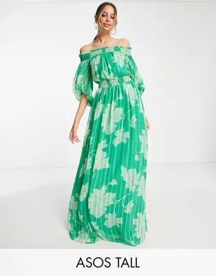 ASOS DESIGN Tall off-shoulder maxi dress with blouson sleeves in self stripe in meadow floral | ASOS (Global)
