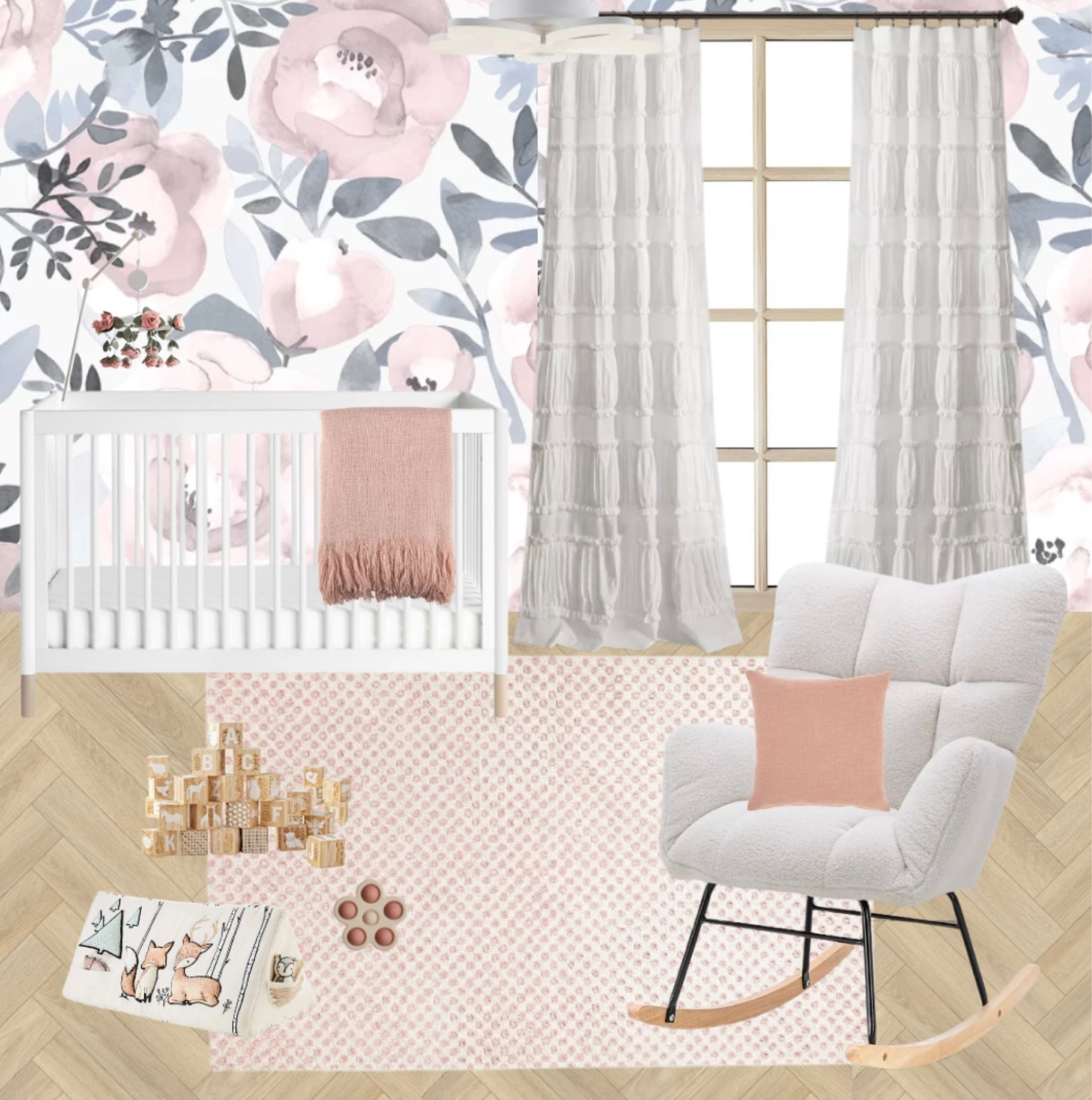 Girls nursery decor mood board with floral wallpaper. Nursery decor ideas for baby girls with pink, white and dusky blue tones. Feminine girls nursery. Nursery interior inspo. Baby girl room ideas. 

#LTKhome #LTKfamily #LTKbaby