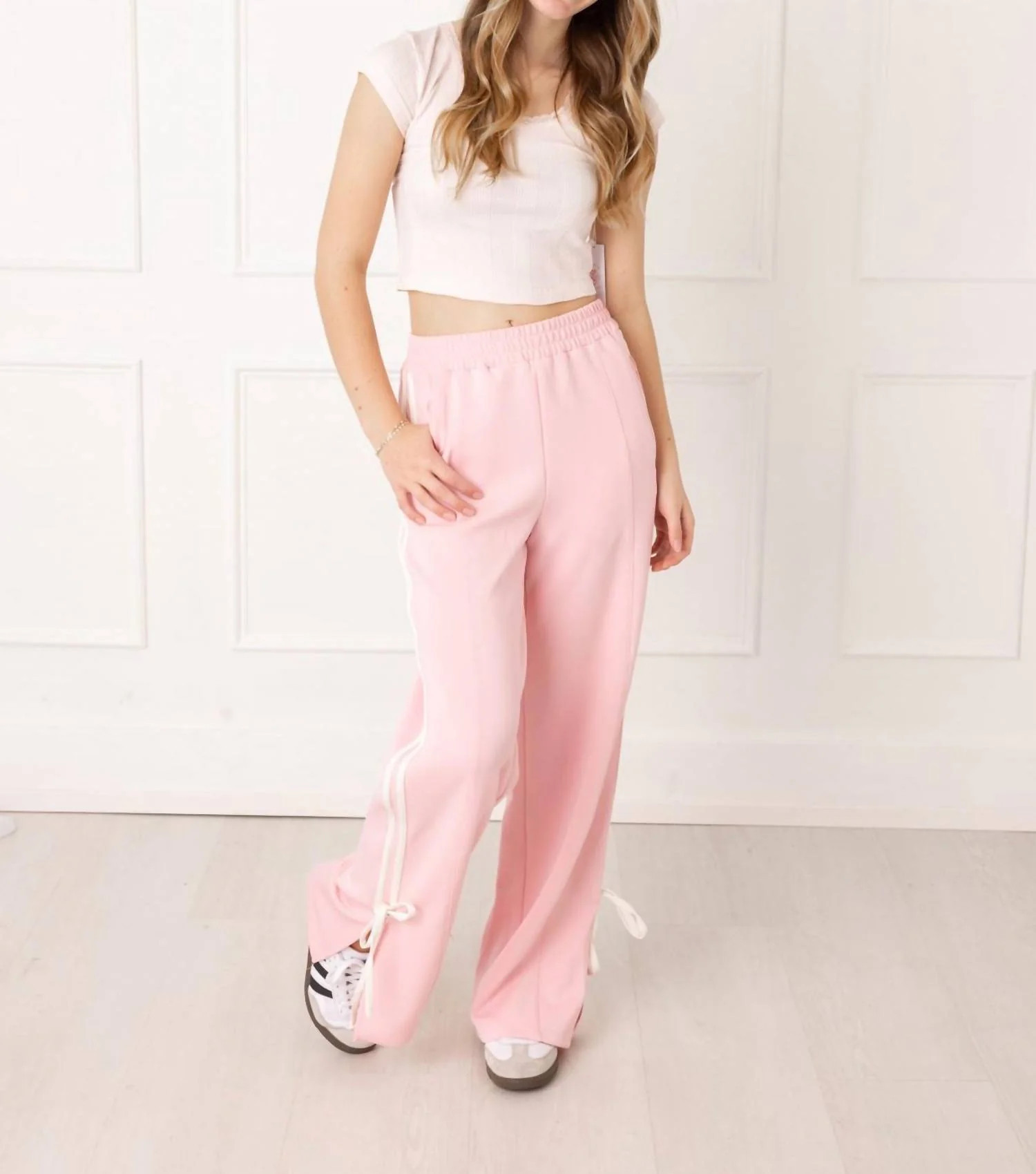 Bow Detail Striped Track Pants In Pink-White | Shop Simon