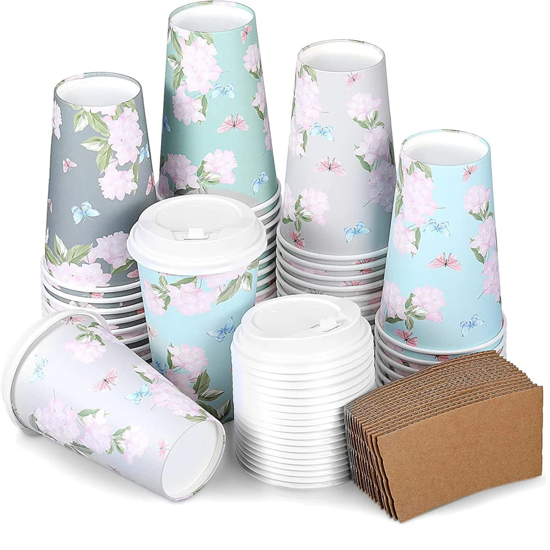 Floral Paper Insulated 16 Oz Disposable Coffee Cups W/lids and Sleeve for Bridal Baby Shower Wedd... | Etsy (US)