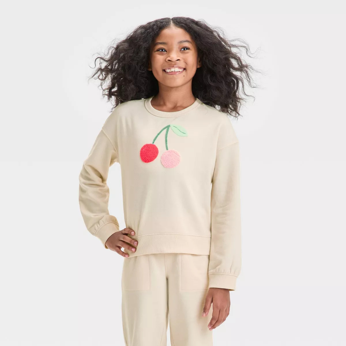 Girls' 'Cherries' French Terry Pullover Sweatshirt - Cat & Jack™ Beige XS | Target