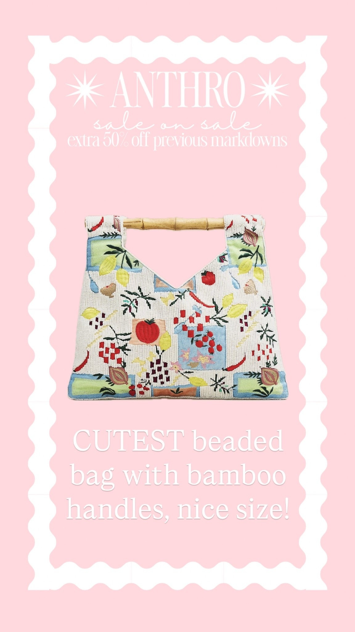 Beaded bag with bamboo handles? And extra 50% already reduced price? YES PLEASE!

#LTKSaleAlert #LTKOver40 #LTKgrwm