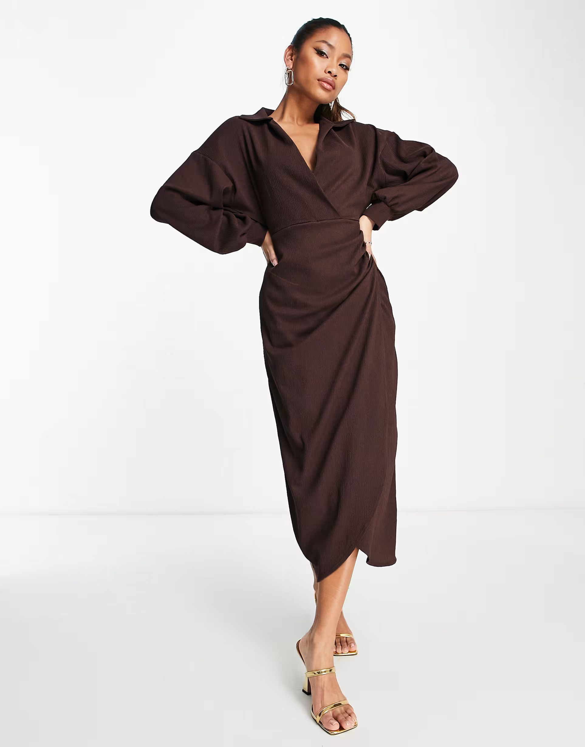 ASOS DESIGN textured collared wrap midi dress in brown | ASOS (Global)