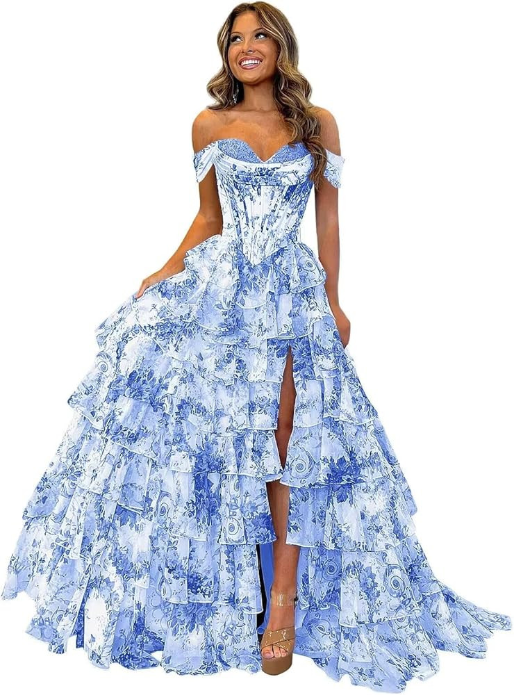 GATMAHE Off Shoulder Floral Print Prom Dresses for Women with Short Sleeves Tiered Chiffon Ruffle... | Amazon (US)