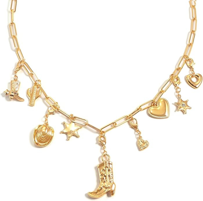 Charm Necklace for Women Chunky Gold Plated Paperclip Chain Amulet Evil Eye Jewelry Safety Pin Ne... | Amazon (US)