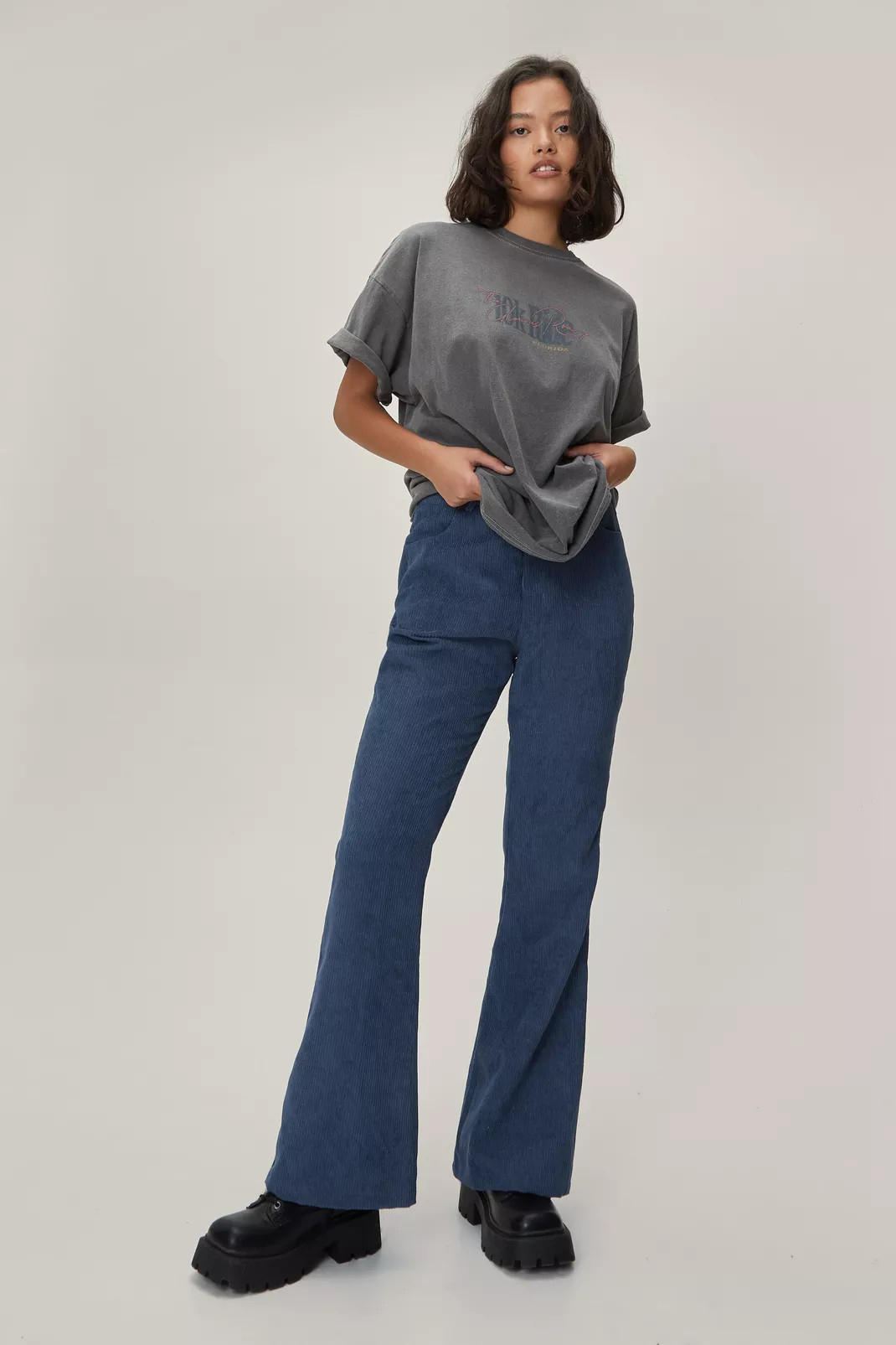 Petite Corduroy High Waisted Flared Pants | NastyGal (UK, IE)