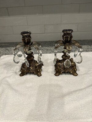 Vintage Pair Hollywood Regency Candlestick Holders With Prisms | eBay US