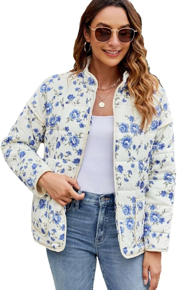Women's Cropped Floral Quilted Jacket Lightweight Open Front Padded Puffer Coat | Amazon (US)