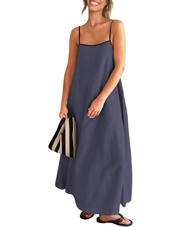 Shy Velvet Women's 2024 Summer Linen Maxi Dress Contrast Spaghetti Strap Dress Backless Sleeveles... | Amazon (US)