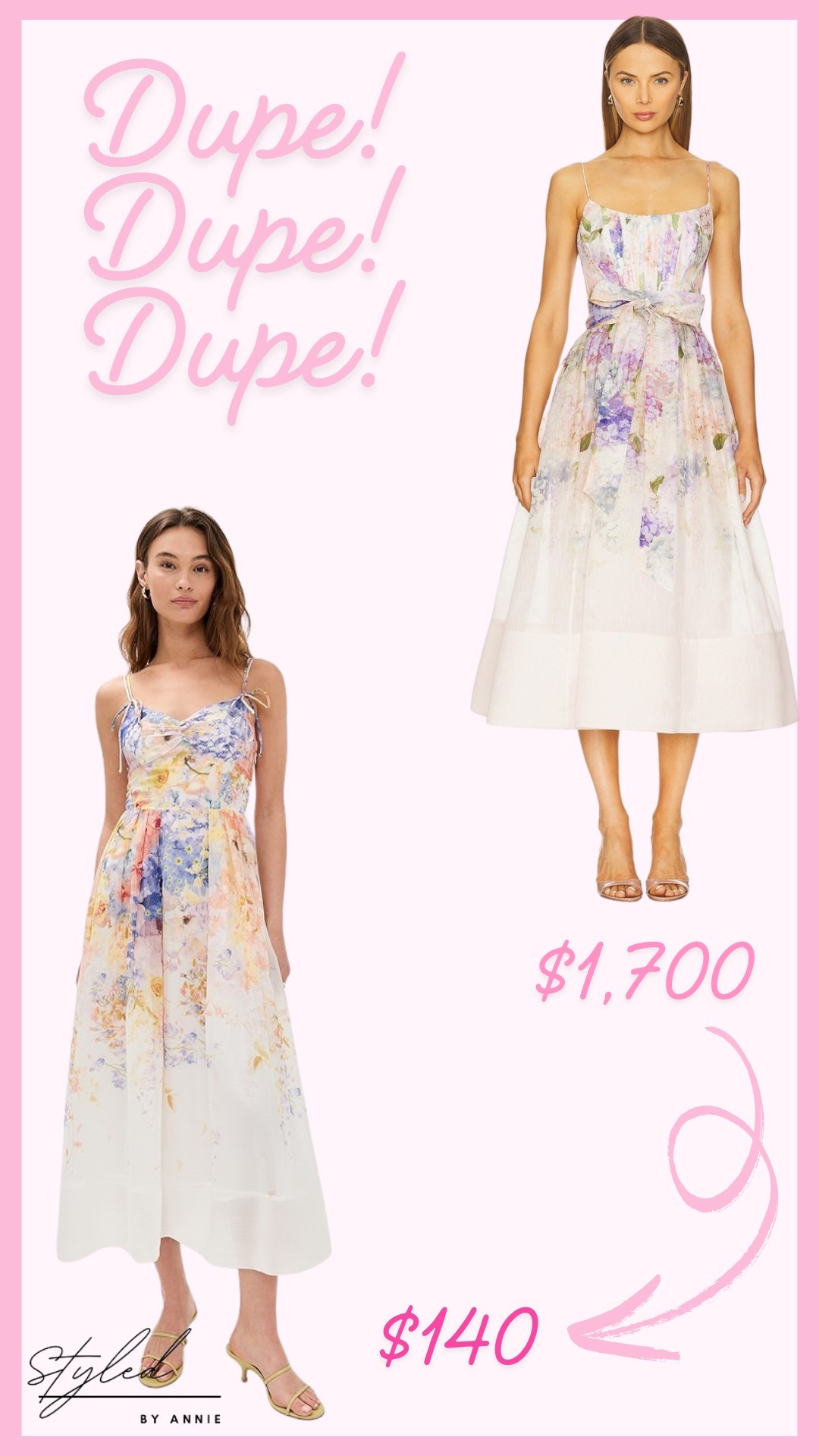 Kicking off a new series showing off my fav dupe finds!!💗

When you want the best brands and quality it can call for a splurge for that special event. But it’s always nice to have a similar, more affordable option for girls on a budget!! This dupe of the famous Zimmerman midi dress is 10 times less than the Zimmerman price tag and just as beautiful!!

#dupe #zimmerman #zimmermandupe #ensaison #floralmidi #bridal #bridaltea #graduation #bridalshower #mididress #easter #easterdress

#LTKSpringSale #LTKStyleTip #LTKWedding