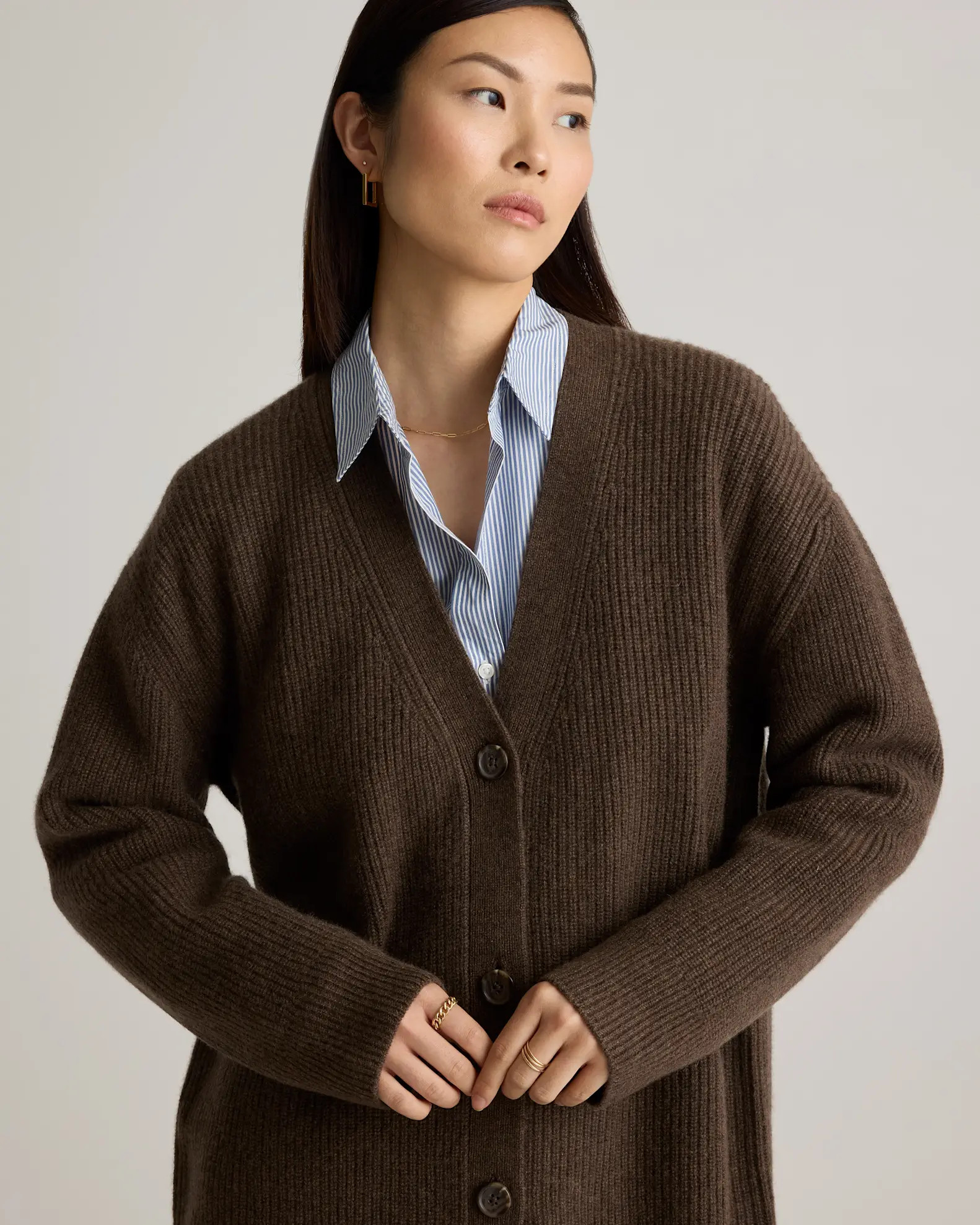 Mongolian Cashmere Oversized Boyfriend Cardigan Sweater in Brown | Quince
