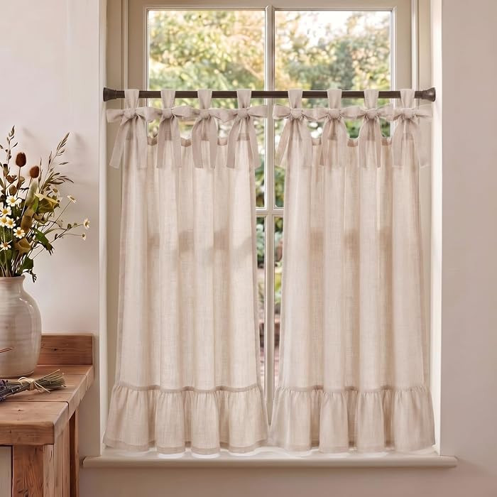 2 Pcs Linen Kitchen Tier Curtains 36 Inch Beige Bow tie top curtains | Amazon (US)