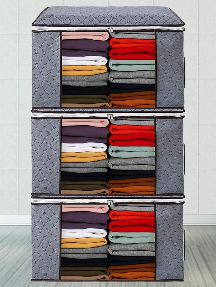 3pcs Large Clothes Storage Bag, Clothes Organizer With Handle & Clear Window, Storage Bins Contai... | SHEIN