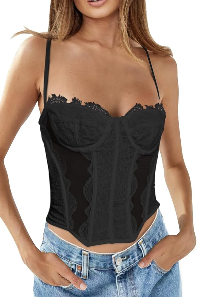 DEALMORE Womens Summer Lace Bustier Mesh Sexy Vintage Spaghetti Strap Open Back Boned Corset Going O | Amazon (US)